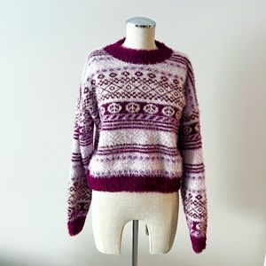 Faux mohair fuzzy peace sign print sweater